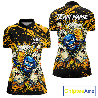 Black and Yellow Funny Bowling and Beer Custom Bowling Shirts For Women, Bowling Team League jerseys NQS11587