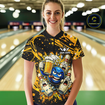 Black and Yellow Funny Bowling and Beer Custom Bowling Shirts For Women, Bowling Team League jerseys NQS11587