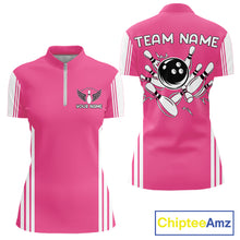 Load image into Gallery viewer, Custom Retro Pink Bowling Polo Shirts, Bowling 1/4 zip jersey For Women, Team Bowling League jerseys NQS11589
