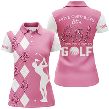 Load image into Gallery viewer, Pink leopard argyle pattern Women Golf Polo Shirt Custom Move over boy let a girl show you how to golf NQS7737