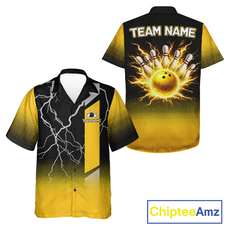 Personalized black & yellow bowling button-up shirt lightning thunder custom bowling hawaiian shirt NQS11377