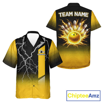 Personalized black & yellow bowling button-up shirt lightning thunder custom bowling hawaiian shirt NQS11377