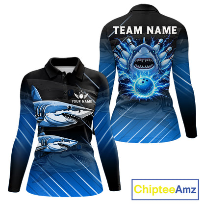 Black and blue shark bowling shirt for women custom lightning thunder bowling polo, quarter zip shirt NQS11378