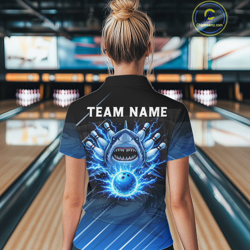Black and blue shark bowling shirt for women custom lightning thunder bowling polo, quarter zip shirt NQS11378