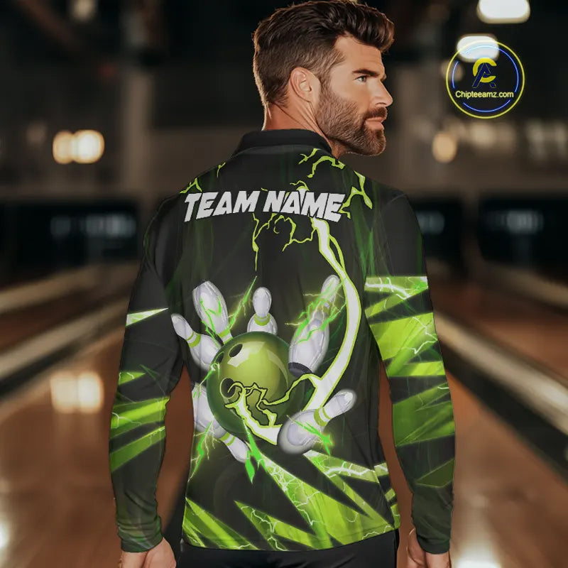 Green Thunder Lightning bowling ball and pins jerseys Custom Team Bowling Polo, 1/4 Zip Shirts For Men NQS9832