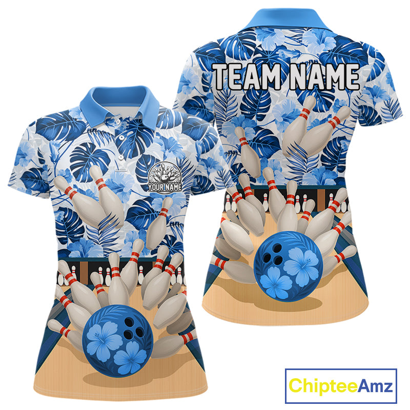 Blue tropical flower Bowling Polo, Quarter Zip Shirts For Women Custom bowling team jersey NQS10988