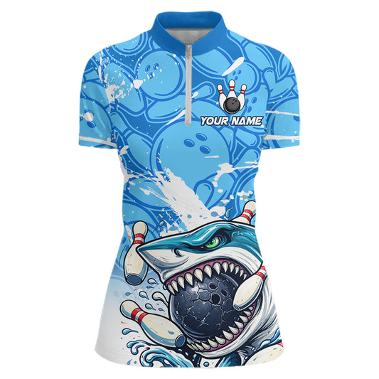 Blue Bowling Camo Angry Shark Bowling Polo, 1/4 Zip Shirts for Women Custom Shark Team Bowling Jersey NQS11605