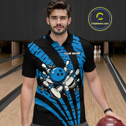 Custom Black and Blue camo Bowling Polo, Quarter Zip Shirt For Mens Custom Team bowling jerseys NQS10608