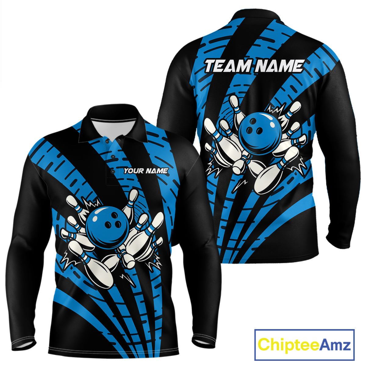 Custom Black and Blue camo Bowling Polo, Quarter Zip Shirt For Mens Custom Team bowling jerseys NQS10608