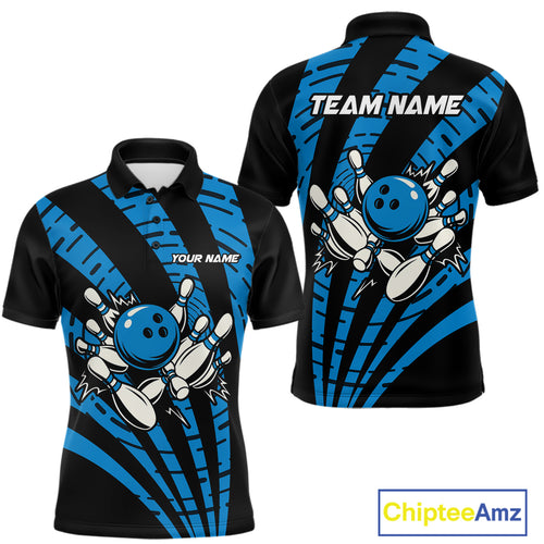 Custom Black and Blue camo Bowling Polo, Quarter Zip Shirt For Mens Custom Team bowling jerseys NQS10608