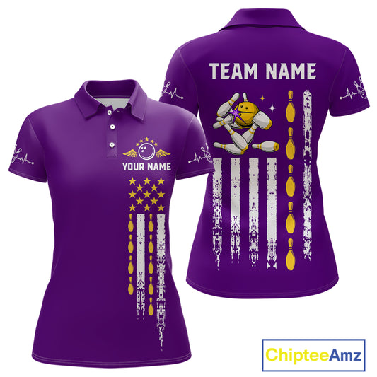 Yellow and Purple Retro American Flag Bowling Shirts For Women Custom Patriotic Bowling Team Jerseys NQS11213