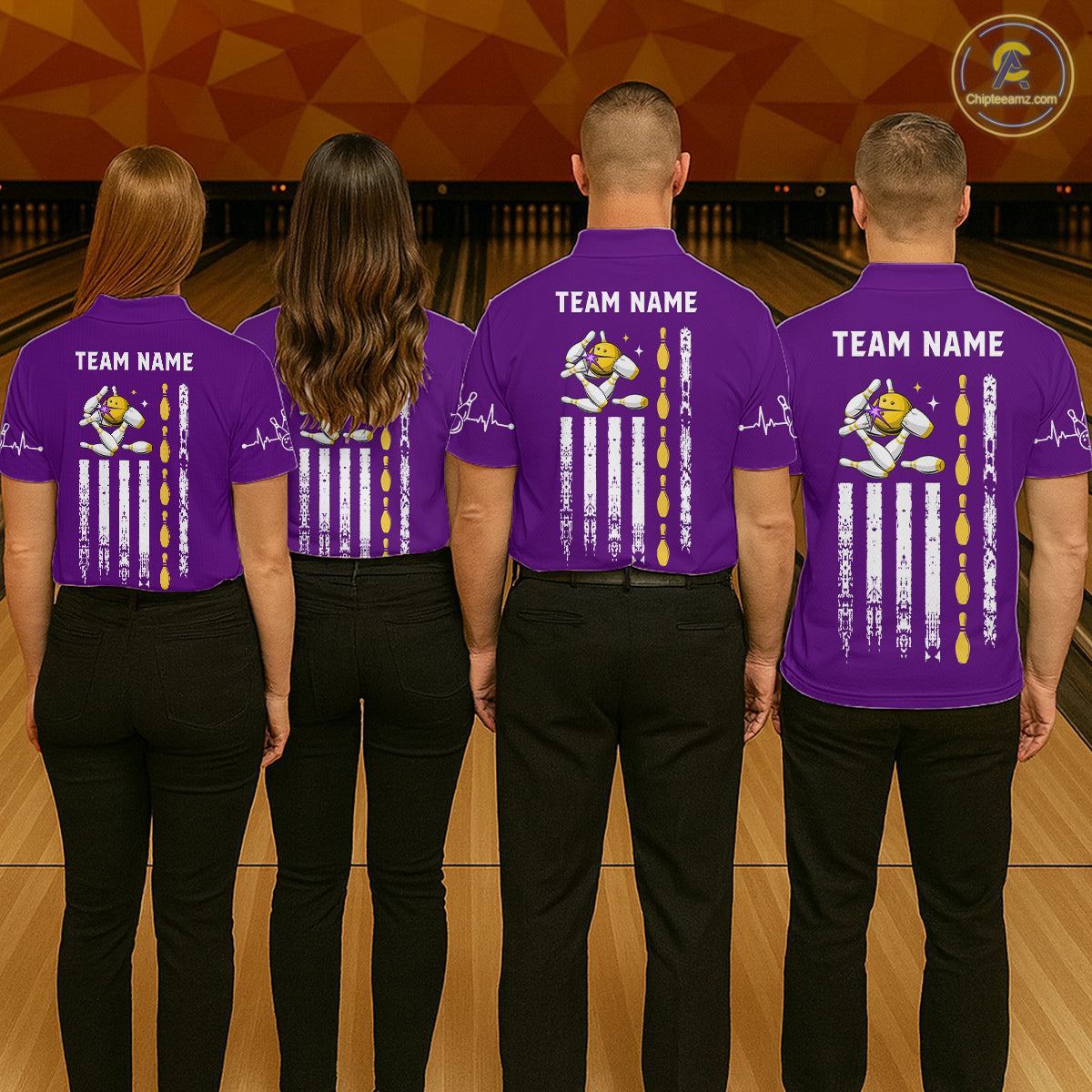 Yellow and Purple Retro American Flag Bowling Shirts For Women Custom Patriotic Bowling Team Jerseys NQS11213