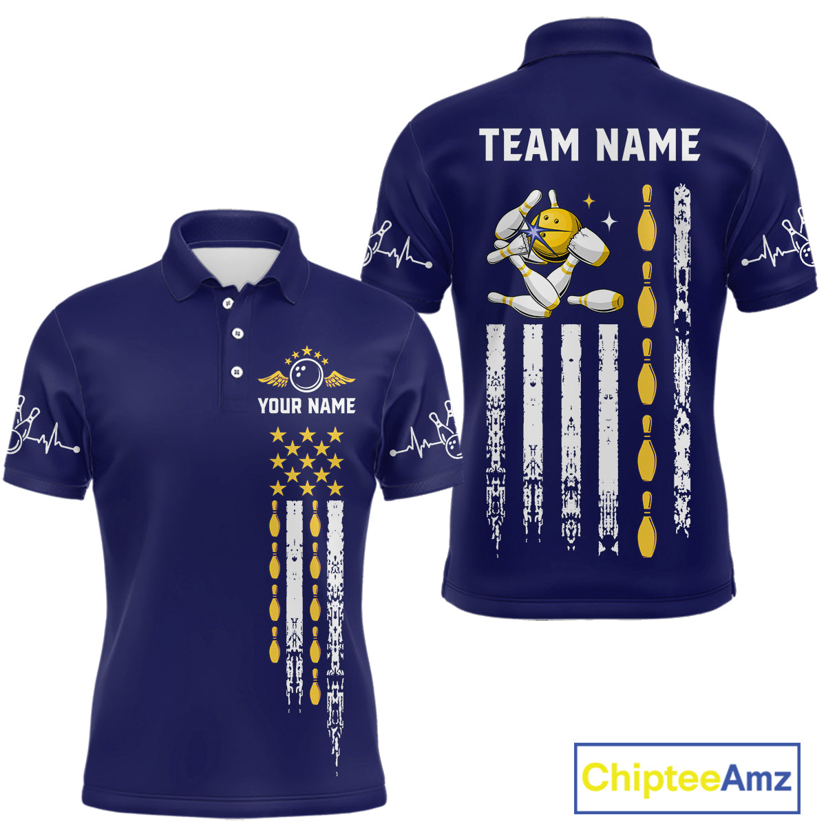 Yellow and Navy Blue Retro American Flag Bowling Shirts For Men Custom Patriotic Bowling Team Jerseys NQS11214