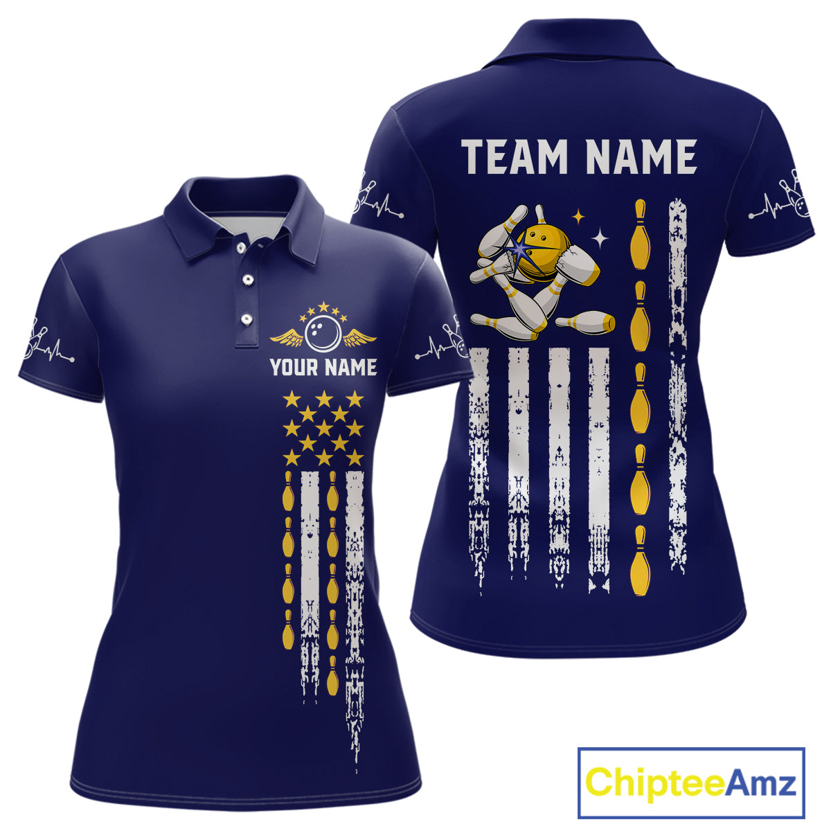 Yellow and Navy Blue Retro American Flag Bowling Shirt For Women Custom Patriotic Bowling Team Jersey NQS11214
