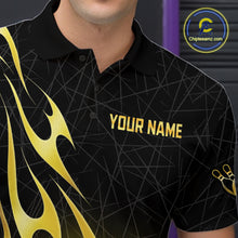 Load image into Gallery viewer, Black and Gold Flame Bowling Shirts For Men Custom Bowling Team League Jersey, Gift For Bowler NQS10439