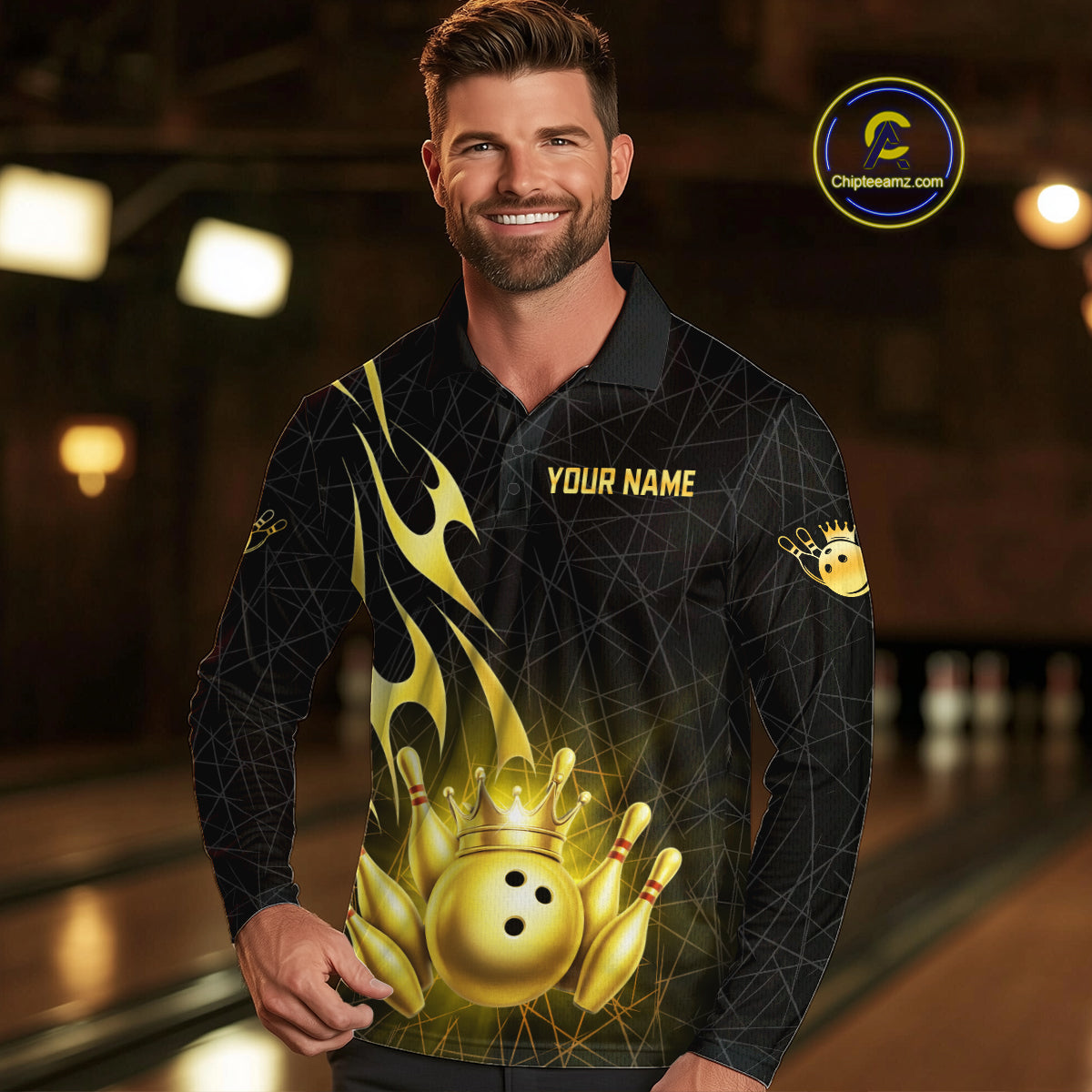 Black and Gold Flame Bowling Shirts For Men Custom Bowling Team League Jersey, Gift For Bowler NQS10439
