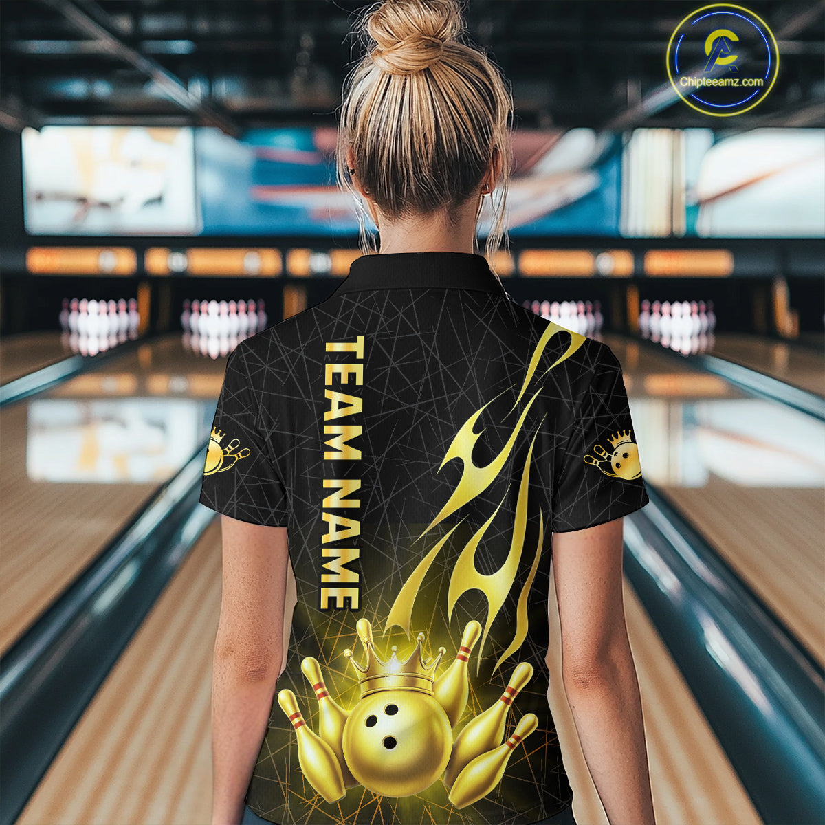Black and Gold Flame Bowling Shirts For Women Custom Bowling Team League Jersey, Gift For Bowler NQS10439