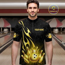 Load image into Gallery viewer, Black and Gold Flame Bowling Shirts For Men Custom Bowling Team League Jersey, Gift For Bowler NQS10439