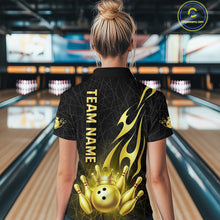Load image into Gallery viewer, Black and Gold Flame Bowling Shirts For Women Custom Bowling Team League Jersey, Gift For Bowler NQS10439