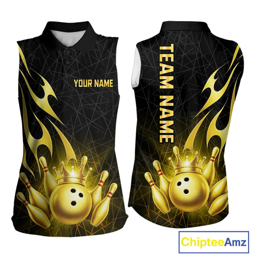 Black and Gold Flame Bowling Sleeveless Polo Shirt Custom Bowling Team League Jersey, Gift For Bowler NQS10439