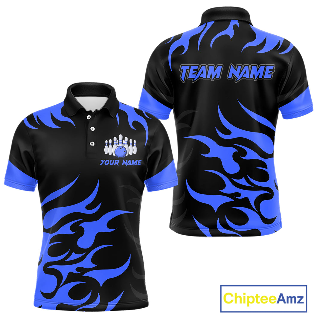 Black and Blue Flame Bowling shirts for Men Custom team bowling jerseys, mens bowling apparel NQS10267