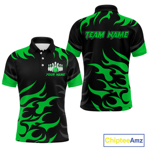 Black and Green Flame Bowling shirts for Men Custom team bowling jerseys, mens bowling apparel NQS10268