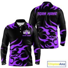 Load image into Gallery viewer, Black and Purple Flame Bowling shirts for Men Custom team bowling jerseys, mens bowling apparel NQS10269
