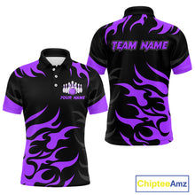 Load image into Gallery viewer, Black and Purple Flame Bowling shirts for Men Custom team bowling jerseys, mens bowling apparel NQS10269