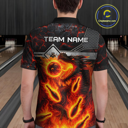 Black And Red Flame Custom Dragon Bowling Shirts For Men, Bowling League Shirts NQS11070