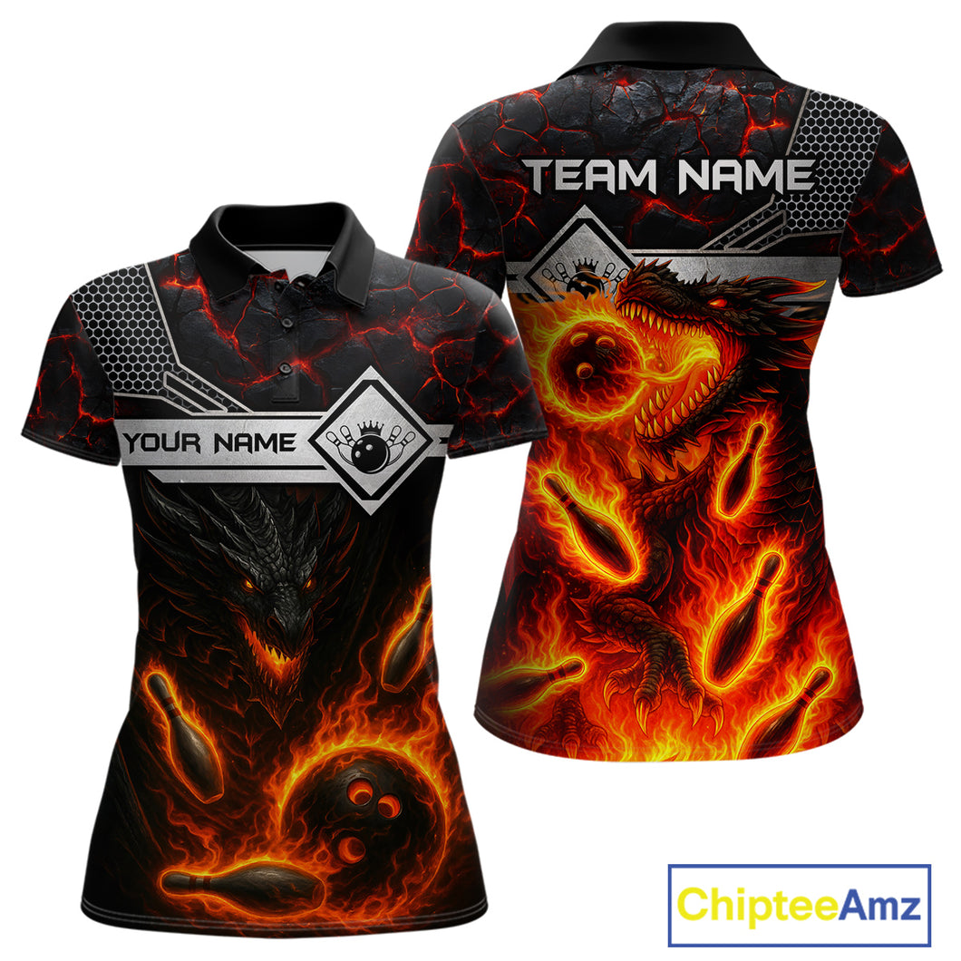 Black And Red Flame Custom Dragon Bowling Shirts For Women, Bowling League Shirts NQS11070