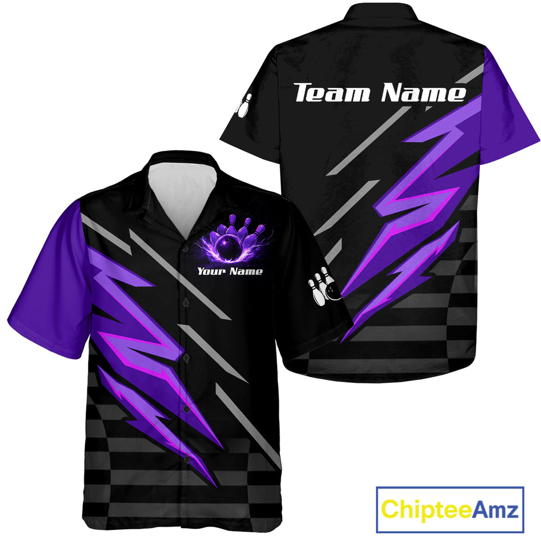 Black and Purple Lightning Bowling Hawaiian Shirt Custom Bowling Team League Button Up Shirt NQS10907