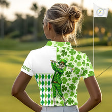Load image into Gallery viewer, Green Shamrock argyle pattern St Patrick Skull Golf Polo Shirt For Women Custom women's golf outfits NQS 11507