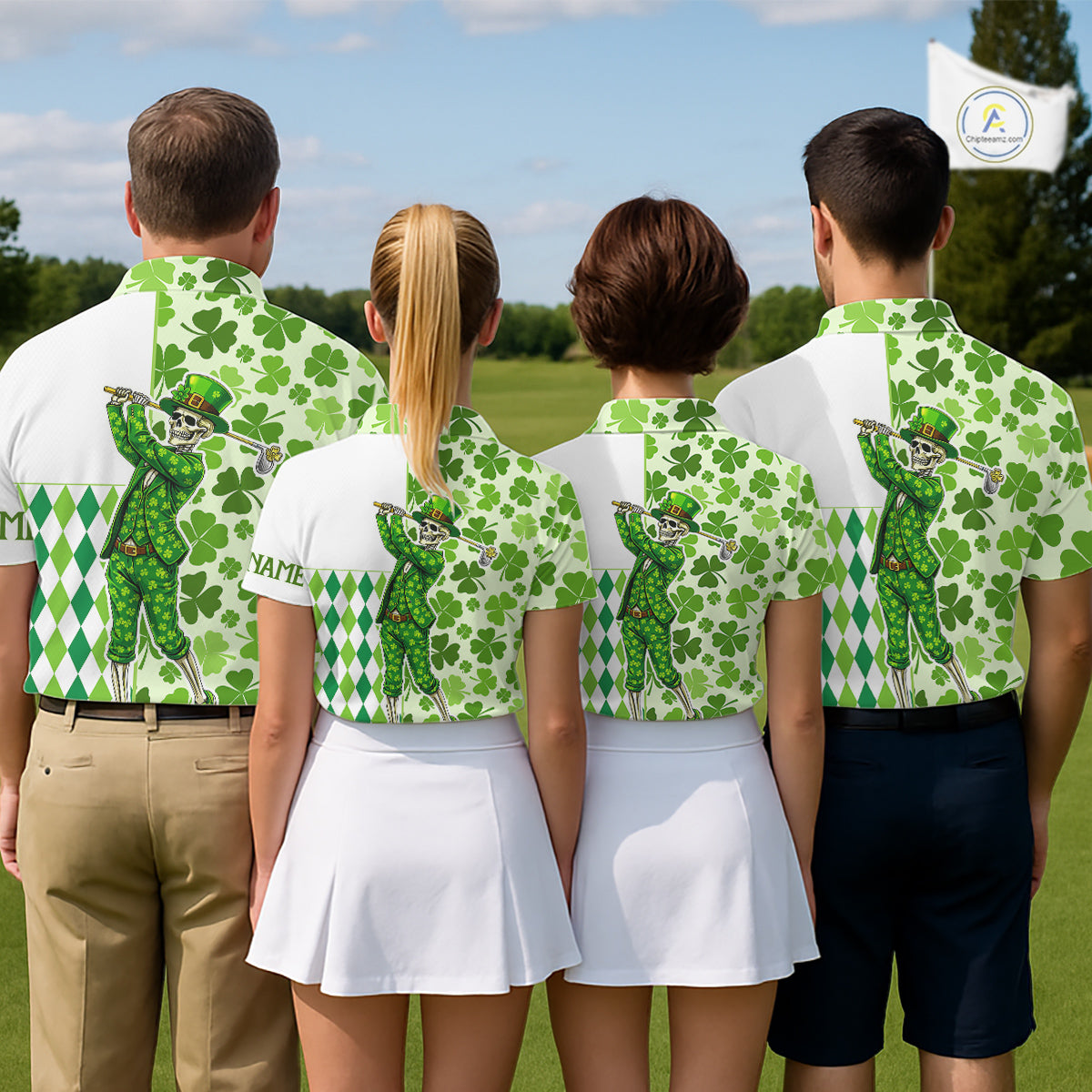 Green Shamrock argyle pattern St Patrick Skull Golf Polo Shirt For Women Custom women's golf outfits NQS 11507