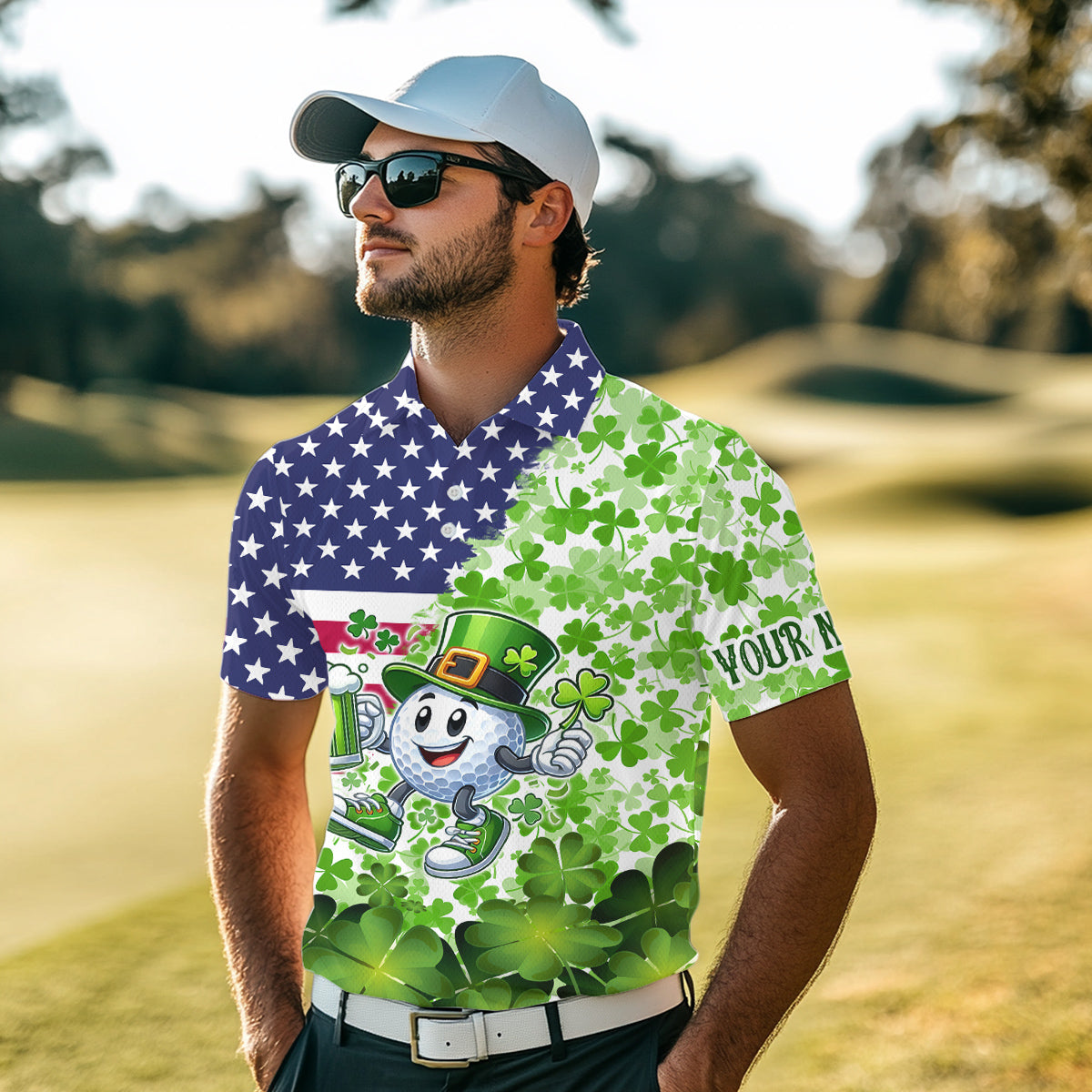 American flag St Patrick day shamrock golf pattern custom Mens golf polo shirts, golf outfits men NQS9580