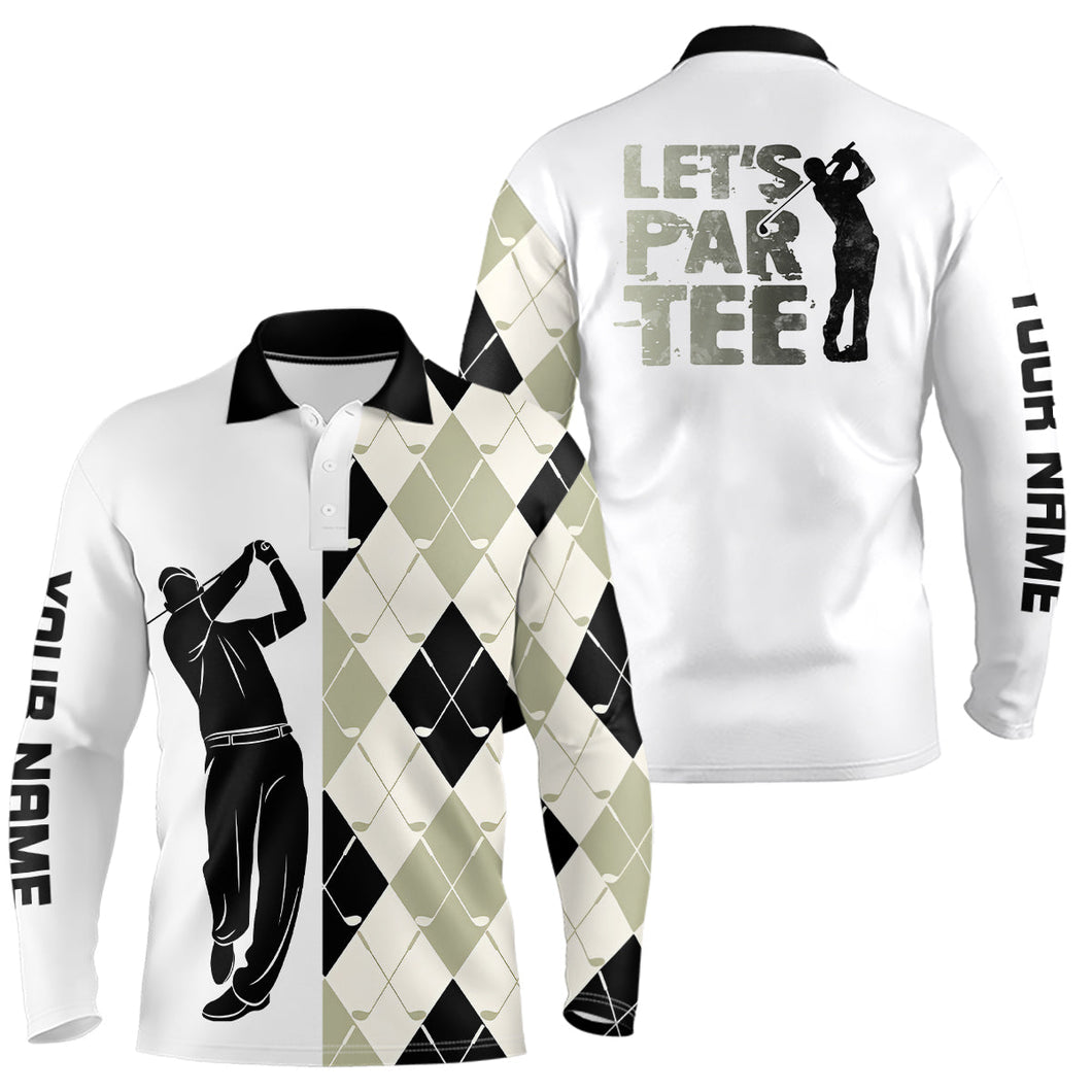 Black and white golf shirt argyle pattern golf clubs custom name Mens golf polo shirt Let's par tee NQS8079