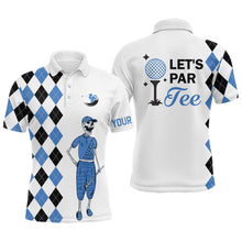 Load image into Gallery viewer, Black and blue argyle pattern Mens golf polo shirts custom Let&#39;s par tee skull golf gifts for mens NQS8081