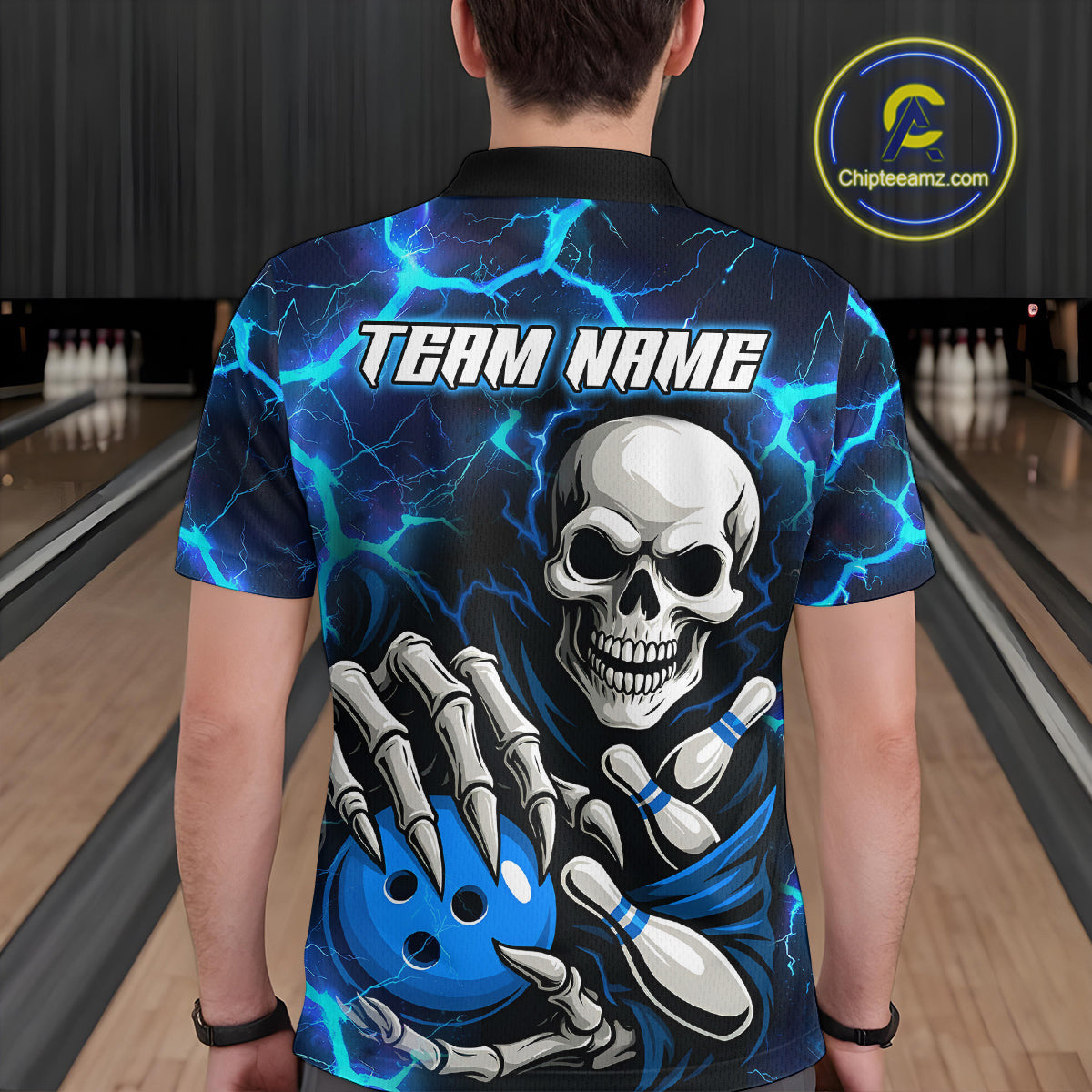 Custom Blue Lightning Thunder Skull Bowling Shirts For Men, Halloween Bowling Team Jerseys NQS10720