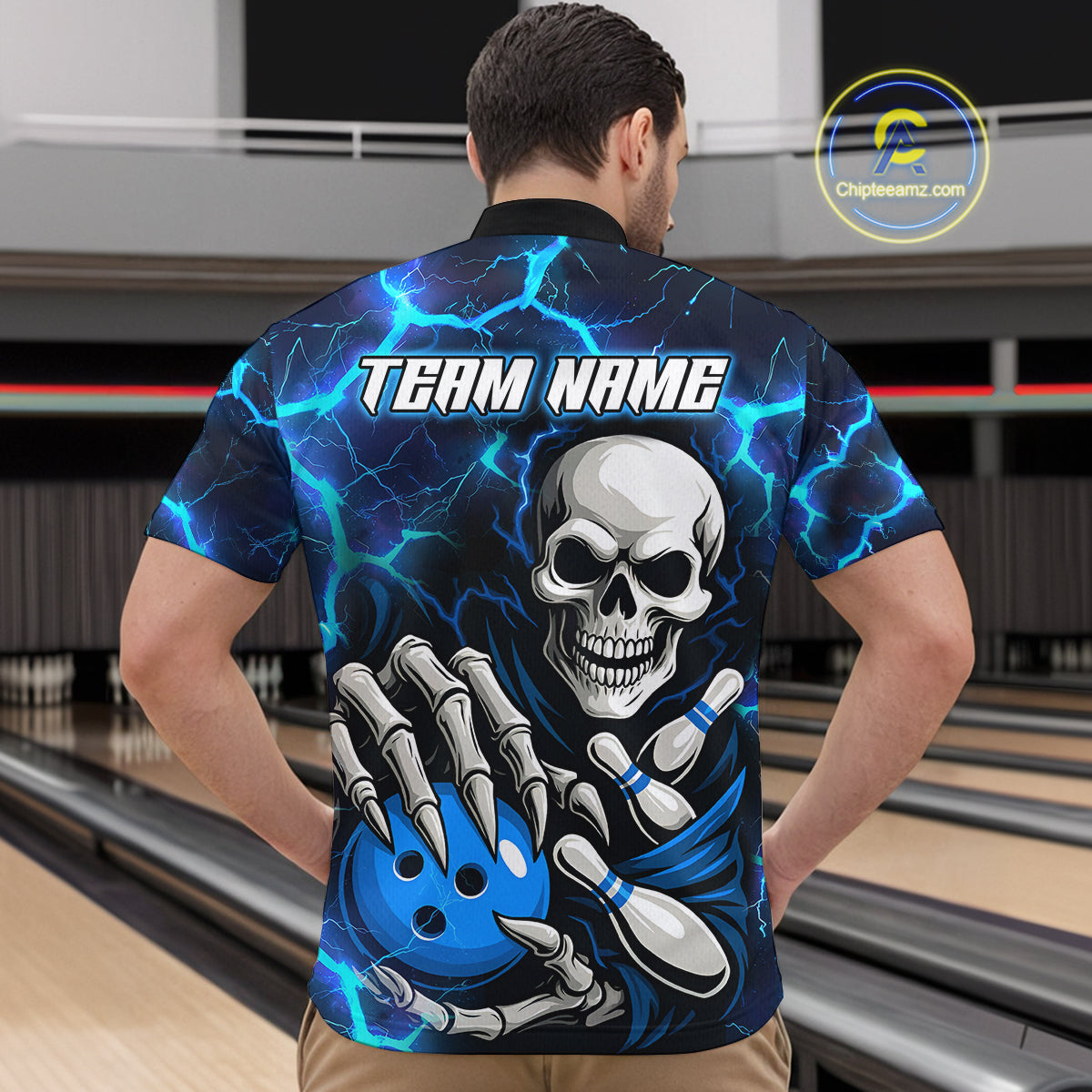 Custom Blue Lightning Thunder Skull Bowling Shirts For Men, Halloween Bowling Team Jerseys NQS10720
