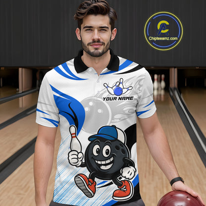 Blue and White Funny Bowling Shirts For Men Custom Team Bowling Polo, 1/4 Zip Jerseys NQS11103