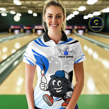 Load image into Gallery viewer, Blue and White Funny Bowling Shirts For Women Custom Team Bowling Polo, 1/4 Zip Jerseys NQS11103