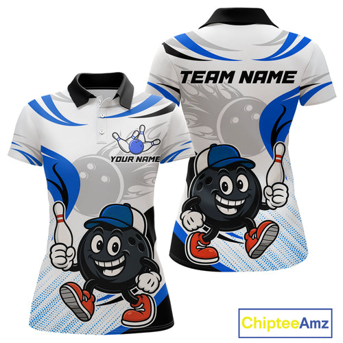 Blue and White Funny Bowling Shirts For Women Custom Team Bowling Polo, 1/4 Zip Jerseys NQS11103