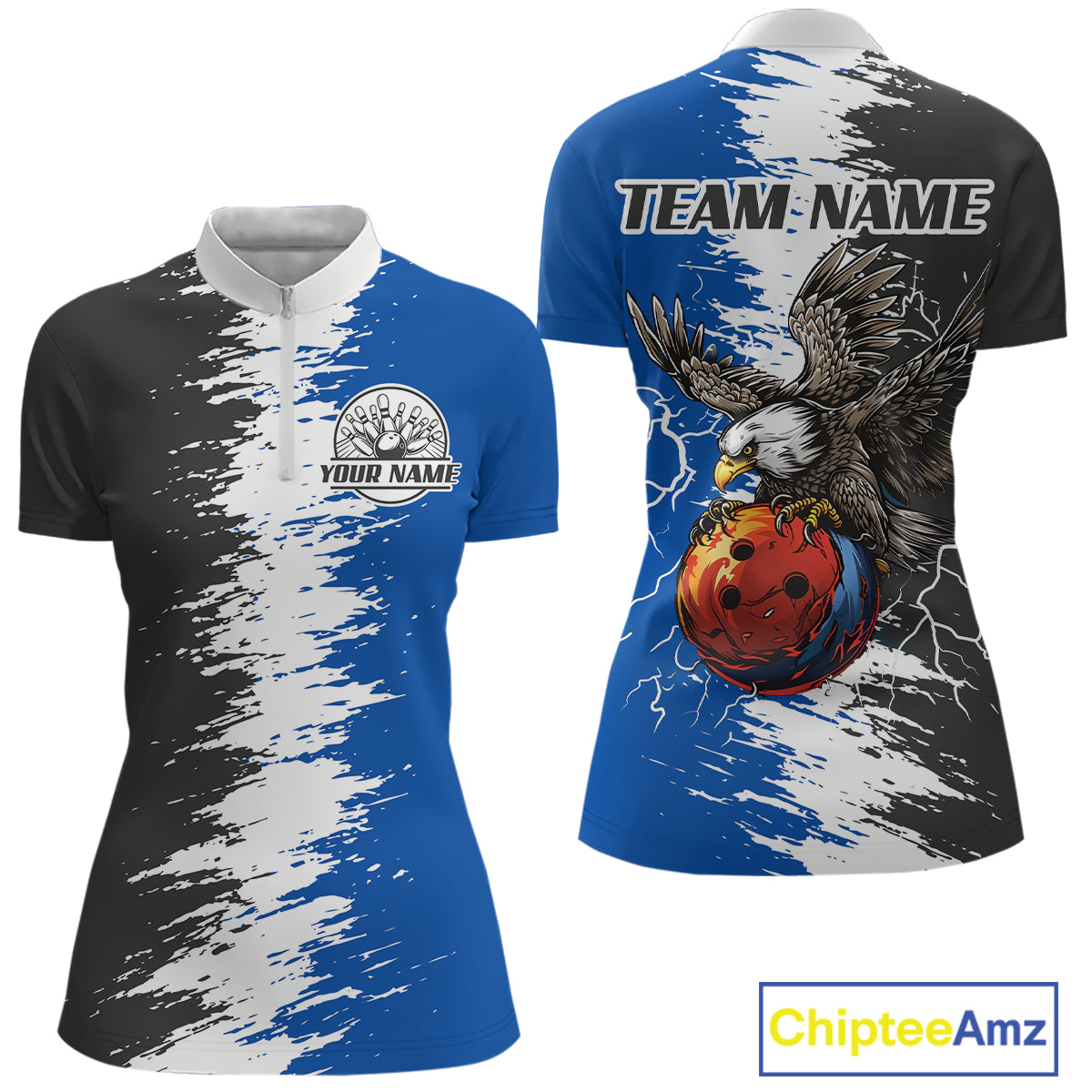 Lightning Thunder Eagle Bowling Polo, Quarter Zip Shirt For Women Custom bowling Team jerseys | Blue NQS11309