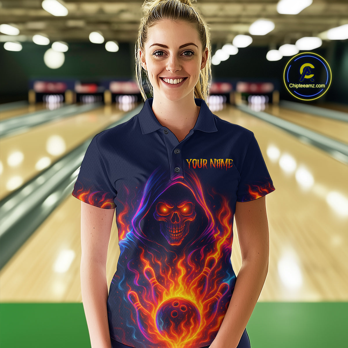 Custom Orange Flame Skull Bowling Shirts for Women Custom Team Bowling Shirts, gift for bowlers NQS10522