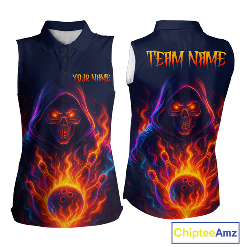 Custom Orange Flame Skull Bowling Sleeveless Polo Shirt Custom Team Bowling Shirts, gift for bowlers NQS10522