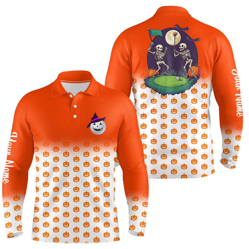 Funny Mens golf polo shirts custom orange Halloween pumpkin pattern skull golf apparel NQS8554