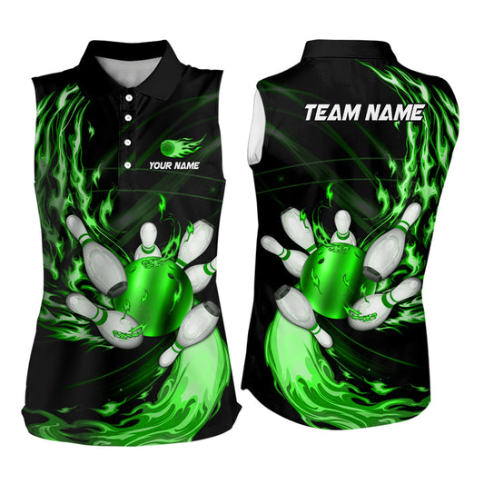 Women bowling sleeveless polos Custom Green flame Bowling ball and pins Team league bowler Jersey NQS7370