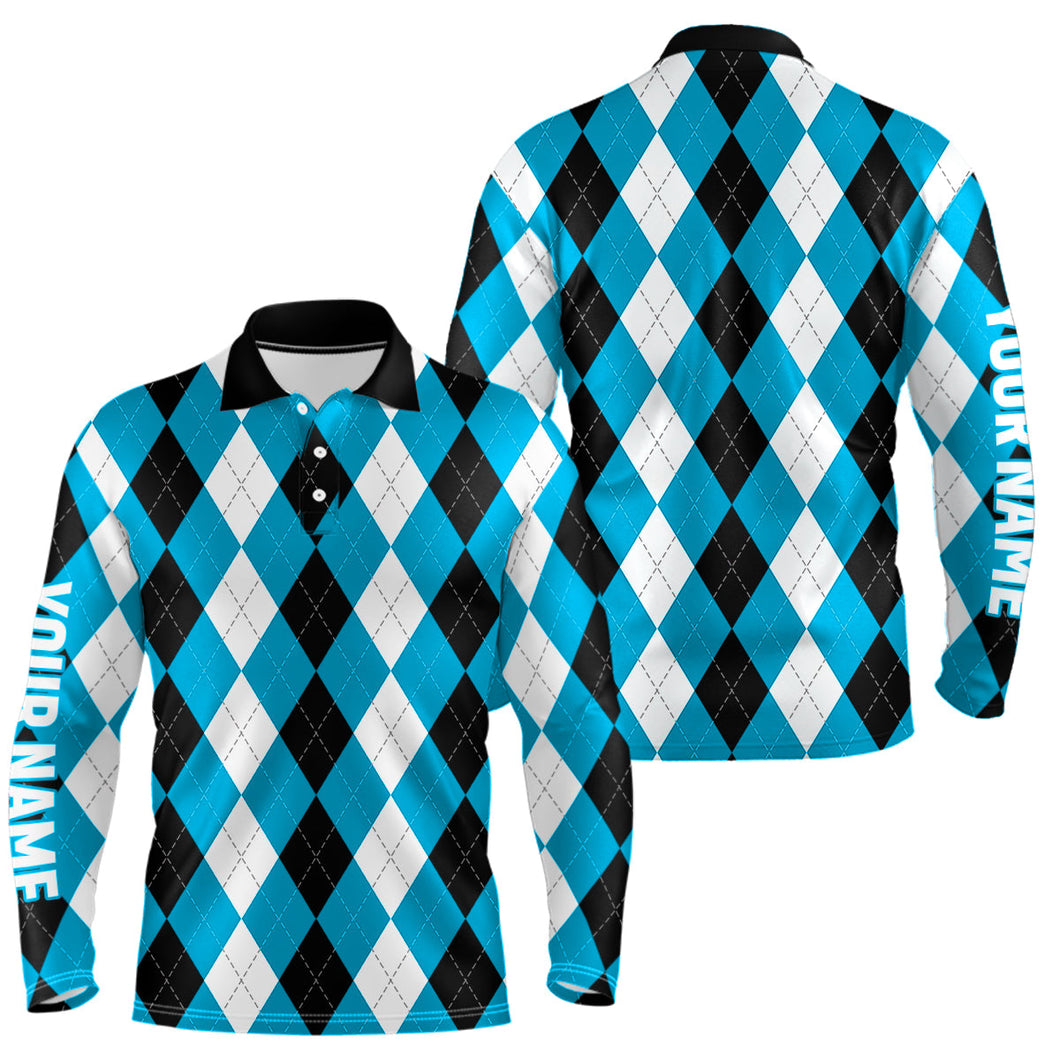 Mens golf polo shirts custom cyan blue argyle plaid pattern golf attire for men, golfing gifts NQS7695
