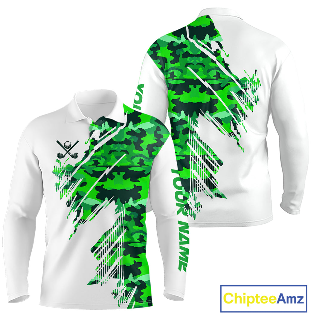 Personalized Mens golf polo shirts custom white and green camo mens golf apparel, golfing gifts NQS10334