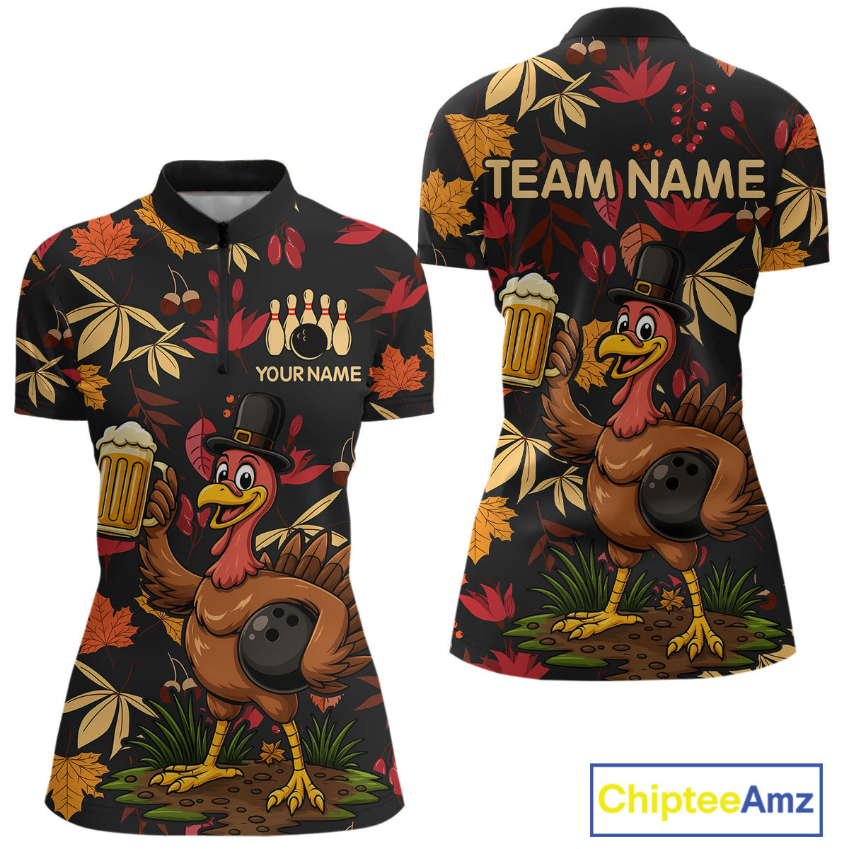 Funny Turkey Bowling Beer Thanksgiving pattern Custom Team bowling outfits for women, bowling gifts NQS10963