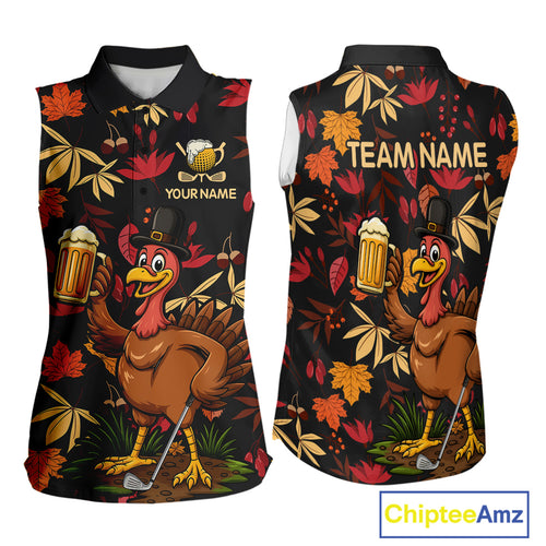 Funny Turkey Golf Beer Thanksgiving golf shirt Custom Funny womens sleeveless polo shirts NQS10964